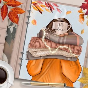 FALL Planner Girl Brown Hair Couverture de planificateur imprimable/Diviseur de planificateur d’automne/Insert de planificateur/Carte de vœux d’automne/Aquarelle Art mural d’automne