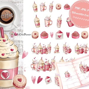 Pegatinas De Café De San Valentín, Pegatinas De Planificador Imprimibles, Pegatinas De Álbum De Recortes, Pegatinas De San Valentín, Accesorios De Agenda, Pegatinas Bujo