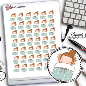 May include: A sheet of printable planner stickers featuring a girl in bed with a blue and white polka dot blanket. The stickers are in a circle pattern and there are 49 stickers on the sheet.