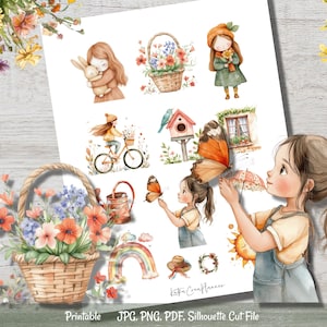 Pegatinas imprimibles de SUNNY DAY/Pegatinas de primavera/Pegatina floral de verano/Pegatina de chica linda para planificador/Pegatina de álbum de recortes en tonos pastel/Pegatinas de diario en acuarela