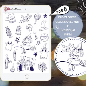 May include: A digital planner page with a collection of Halloween-themed illustrations, including a witch on a broomstick, a ghost, a bat, a cauldron, a spiderweb, a candy cane, a potion bottle, and a castle. The text "PRE-CROPPED GOODNOTES FILE + INDIVIDUAL PNGs!" is also included.