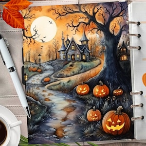 Couverture de planificateur imprimable du château hanté/Papier numérique d’Halloween/Insert de planificateur mystique/Carte de vœux d’automne/Aquarelle Automne Spooky Wall Art