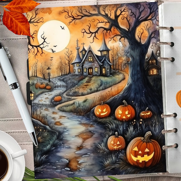 Haunted Castle Printable Planner Cover/Halloween Digital Paper/Mystical Planner Insert/Fall Greeting Card/Watercolor Autumn Spooky Wall Art