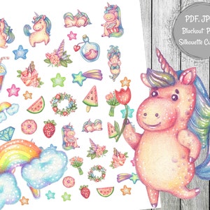 Naklejki do druku RAINBOW UNICORN, Naklejki Kawaii, Naklejki do planera z jednorożcem, Akcesoria do planera, Zestaw naklejek z akwarelowymi dekoracjami, Funkcjonalne