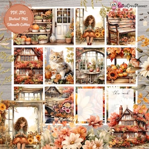 Adesivos de planejador imprimíveis da AUTUMN VILLAGE para Erin Condren Planner/Caderno de viajantes/Adesivo de planejador semanal em aquarela de outono/Adesivo de outono