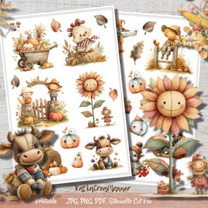 Könnte beinhalten: Zwei bedruckbare Blätter mit Aquarellillustrationen von herbstlichen Figuren und Objekten. Die Designs umfassen Vogelscheuchen, Kürbisse, Sonnenblumen, eine Kuh und ein Küken. Der Text "KottkaCrenPlanner" ist unten sichtbar.