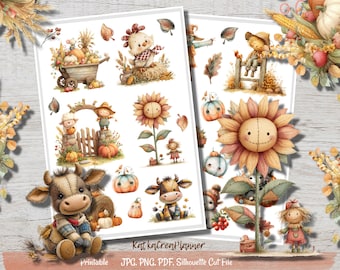 FALL FARM Printable Deco Stickers/Country Scrapbook Stickers/Cottage Bujo Stickers/Autumn Travelers Notebook/Printable Planner Stickers