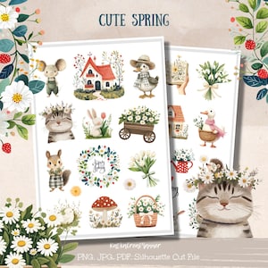 以下が含まれることがあります： 水彩イラストが描かれた、春をテーマにした2枚のステッカーシート。ステッカーには、ネズミ、家、アヒル、猫、ウサギ、リス、花輪、花、キノコが含まれています。「CUTE SPRING」の文字が上部にあります。