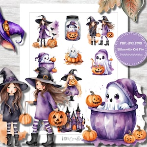 Halloween plannerstickers: heks, spook en pompoen (printbaar)