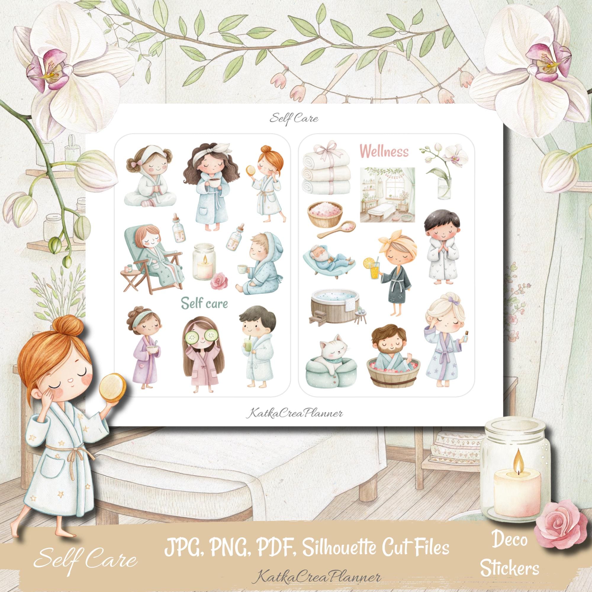 Self Care Printable Watercolor Stickers: Wellness Planner Deco Stickers ...
