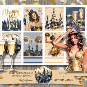 Happy New Year Planner autocollants imprimables pour Erin Condren Planner/Kit hebdomadaire vertical aquarelle fête Saint-Sylvestre/Autocollants Saint-Sylvestre/Fichiers découpés