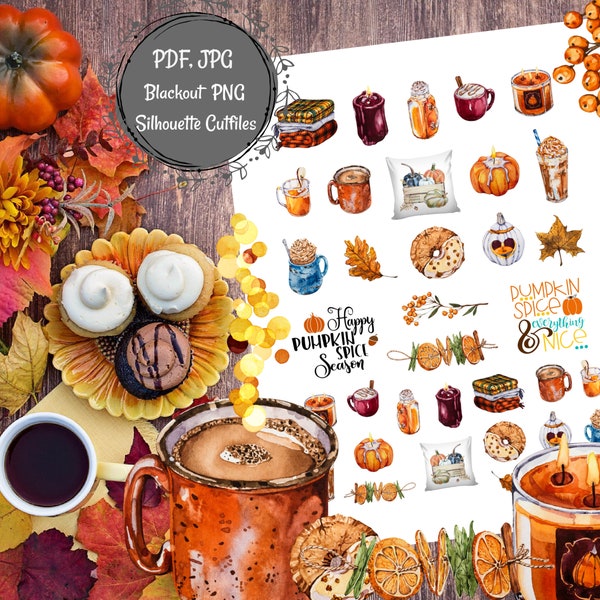 SWEET AUTUMN Printable Stickers, Thanksgiving Planner Sticker, Pumpkin Planner Accessories,Fall Scrapbook Stickers, Watercolor Bujo Stickers