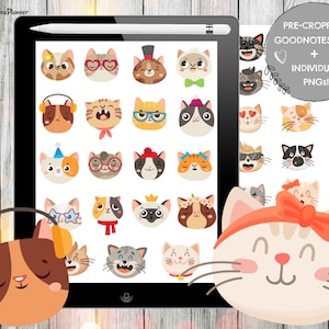 May include: A digital tablet screen displaying a collection of 36 colorful cat head illustrations. The cat illustrations are in a grid pattern and feature various expressions and accessories. The tablet is on a wooden surface.