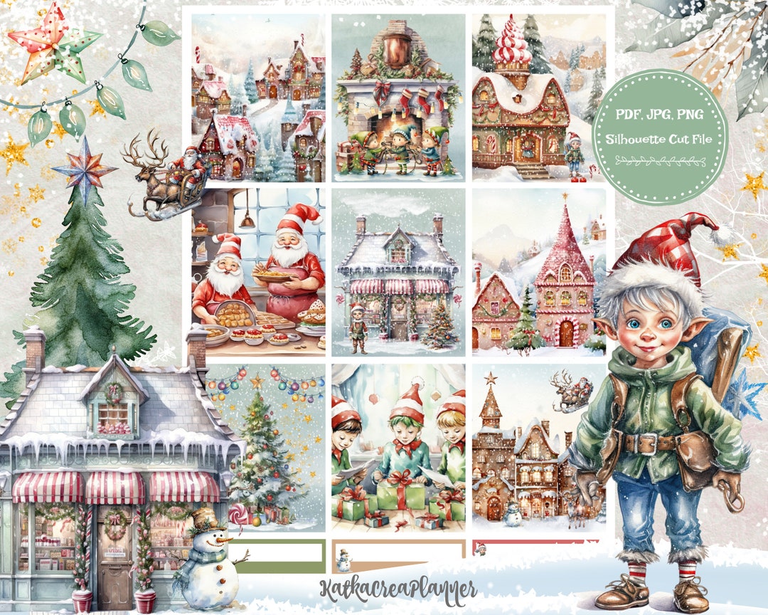 Santa Land Watercolor Planner Stickers: Christmas Weekly Kit (digital ...