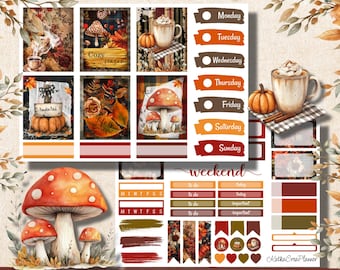 May include: A planner sticker kit with a cozy autumn theme. The kit includes stickers with mushrooms, pumpkins, and coffee mugs. The text "Cozy season" and "Mini Kit" are visible. The kit also includes stickers for each day of the week.