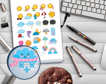 Cute Weather Tracker Planner Stickers, Happy Planner, Erin Condren, Filofax, Travelers Notebook, Bullet Journal, Scrapbook Weather Kit