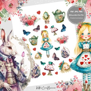 Wunderland druckbare Aufkleber/Tee-Party Scrapbook Aufkleber/Alice im Wunderland Bujo Aufkleber/Aquarell Storybook Aufkleber/Planer-Deko