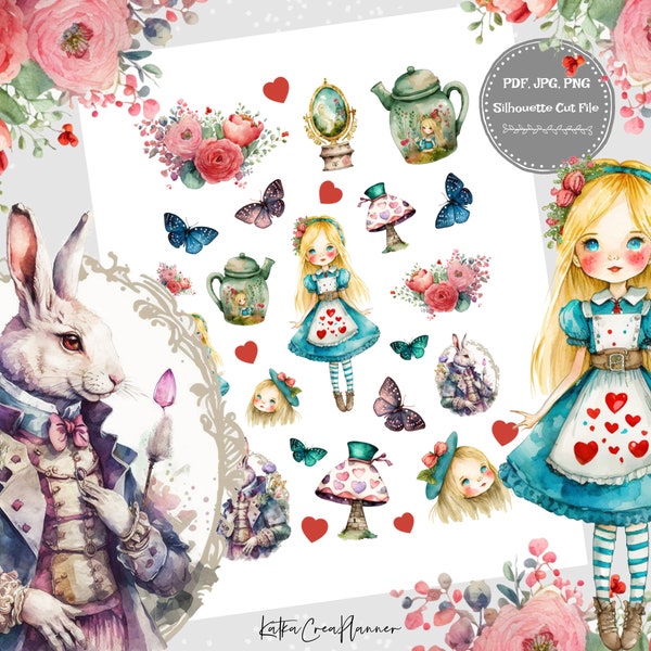 Wonderland Printable Stickers/Tea Party Scrapbook Stickers/Alice in Wonderland Bujo Stickers/Watercolor Storybook Stickers/Planner Deco