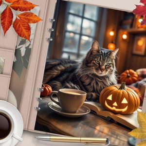 COSY FALL Couverture de planificateur imprimable/Diviseur de planificateur de café d’automne/Insert de planificateur/Carte de vœux d’automne/Tableau de bord aquarelle de chat d’Halloween
