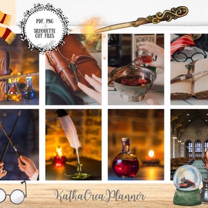 May include: A digital collage of images featuring a variety of magical and whimsical elements, including a wand, a book, a potion bottle, a quill pen, a snow globe, and a feather. The collage is designed for use as a planner or scrapbook.