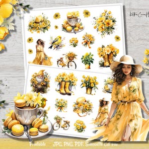 Pegatinas imprimibles de color AMARILLO, pegatinas de Bujo, pegatinas de acuarela con motivos florales, decoración de planificadores de primavera y verano, accesorios de planificadores, pegatinas para álbumes de recortes