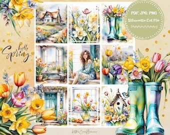 SPRING COTTAGE Erin Condren プランナー用印刷可能なプランナー ステッカー/花柄水彩プランナー ステッカー/春夏縦型ウィークリー キット