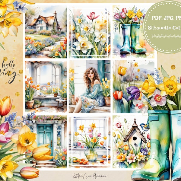 SPRING COTTAGE Druckbare Planeraufkleber für Erin Condren Planner/Florale Aquarellplaneraufkleber/Frühling Sommer Vertikales Wochenset