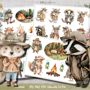 GO CAMPING Printable Planner Sticker, Cute Picnic Woodland Animals Ephemera, Watercolor Decorative Stickers, Bujo Stickers, Fussy Cuts