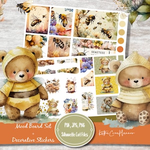 HONEY BEE MoodBoard stampabile ad acquerello e adesivi decorativi per pianificatore/Adesivi Bullet Journal/Kit adesivi per album floreali/Effimera orso