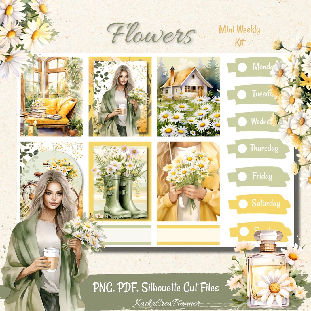 Flower Spring Printable Planner Stickers: Vertical Weekly Kit (PDF, PNG ...