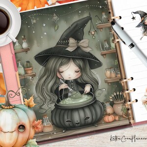 Agenda imprimable sorcière mignonne couverture/Halloween papier numérique/planificateur mystique à insérer/automne carte de voeux/aquarelle automne effrayant art mural