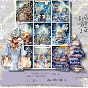 Adesivos de planejador imprimíveis MAGICAL BOOKSTORE para Erin Condren Planner/Kit semanal de aquarela de inverno/Christmas Bookworm/Arquivos de corte