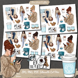 May include: Deco stickers featuring illustrations of women with coffee, coffee makers, and coffee cups. The stickers include the text "But first Coffee" and "Coffee". The stickers are available in JPG, PNG, PDF, and Silhouette Cut Files.
