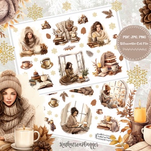 COZY READING Printable Deco Stickers/Winter Scrapbook Stickers/Hygge Bujo Stickers/Travelers Notebook/Printable Planner Stickers