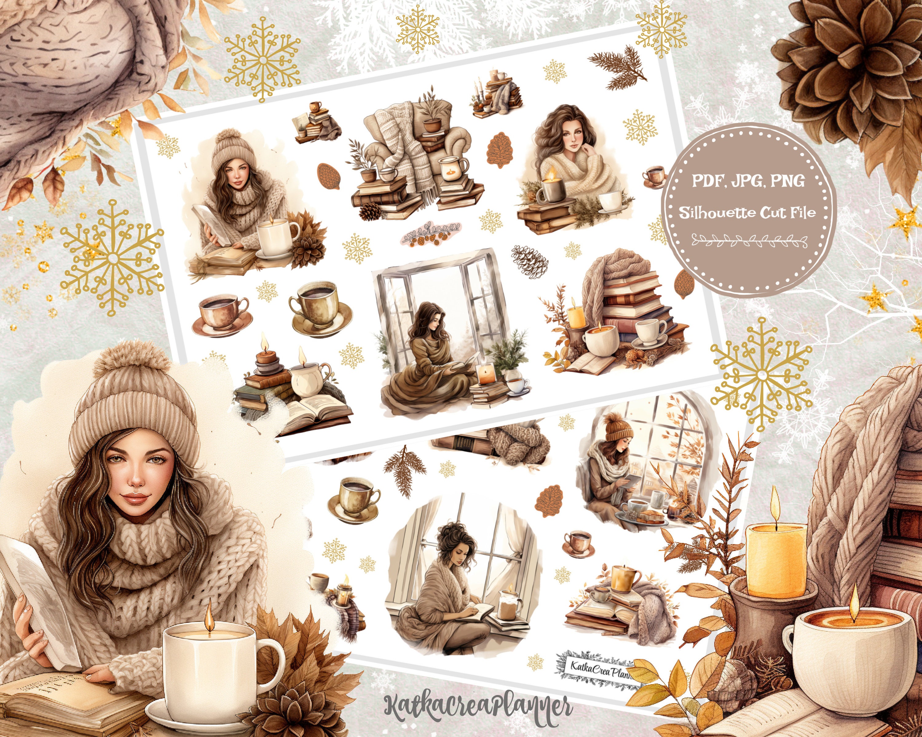 COZY READING Printable Deco Stickers/Winter Scrapbook Stickers/Hygge Bujo Stickers/Travelers Notebook/Printable Planner Stickers