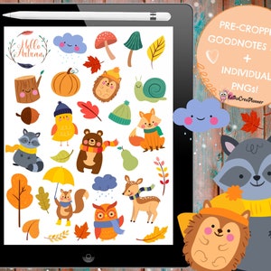 May include: A digital planner page with a collection of autumn-themed stickers. The stickers include a raccoon, a squirrel, a deer, a hedgehog, a mushroom, a leaf, a tree, a cloud, a snail, a pumpkin, a bird, and an owl. The text "Hello Autumn" is at the top of the page. The text "Pre-cropped Goodnotes File + Individual PNGs!" is at the top right of the page.