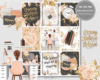 May include: A digital planner sticker set with a gold and pink color scheme. The stickers feature a woman working at a desk, a clock, books, and inspirational quotes like "Dream Believe Achieve" and "Be Scared and Do It Anyway".