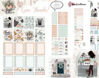May include: A set of printable Thanksgiving-themed planner stickers featuring a variety of designs, including pumpkins, pies, turkeys, and the phrase "Give Thanks!" The stickers are in a light green and peach color scheme.