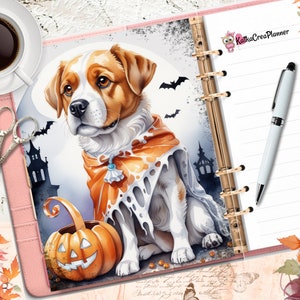 Couverture de planificateur imprimable pour chiot d’Halloween/Papier numérique de citrouille/Insert de planificateur de chien/Carte de vœux d’automne/Aquarelle Automne Spooky Wall Art
