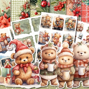 BEARY CHRISTMAS, Winter Scrapbooking Kit, Junk Journal, Ephemera, Printable Christmas Paper Craft, Bear Stickers, Digital Collage Sheet
