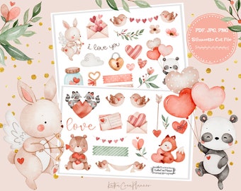 CUTE VALENTINE Printable Stickers, Bujo Stickers, Watercolor Stickers, Valentines Day Planner Deco, Planner Accessories, Scrapbook Stickers