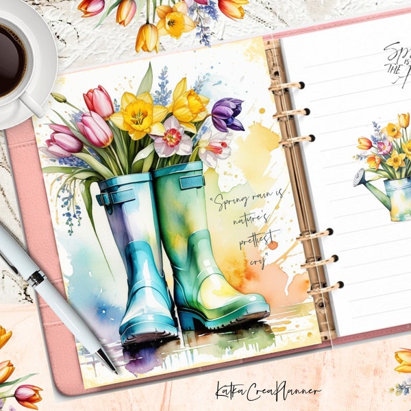 SPRING RAIN Printable Planner Cover/Watercolor Spring Flower Planner Divider/Floral Greeting Card/Motivational Quotes Planner Dashboard