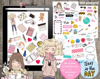 Adesivi digitali Planner Girl: adesivi PNG Goodnotes preritagliati