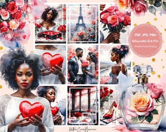 Black Girl Valentine's Day Watercolor Planner Stickers: Erin Condren (PDF, JPG, PNG)