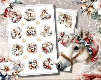 Adesivos decorativos imprimíveis de cavalo de Natal/adesivos para scrapbook de inverno/adesivos Bujo de Natal/planejador estético/adesivos para planejador imprimíveis