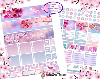 Printable March Planner Stickers: Pink Cherry Blossom Kit (PDF, JPG, Silhouette)