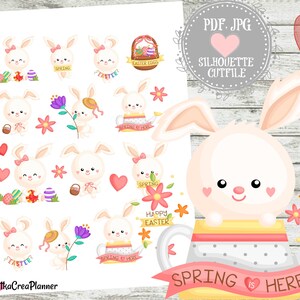 Kawaii Easter Bunny Stickers: Spring Planner Accessories (PDF, JPG, Silhouette)
