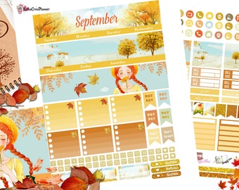 May include: A printable September calendar planner with a fall theme. The calendar features a girl with red hair holding a flower, a blue sky, and yellow and orange leaves. The calendar has a grid of boxes for each day of the month, with space for writing notes and appointments. There are also several stickers included, such as "Pay Day" and "Don't Forget!"