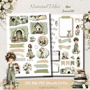 Könnte beinhalten: Ein Mini-Journal-Kit mit einem natürlichen Aquarell-Thema. Das Kit enthält Aufkleber und Stanzdateien mit Illustrationen eines Cottage, Hundes, Blumen und Personen. Der Text "Natural Vibes" und "Mini Journal Kit" sind sichtbar.