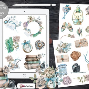 May include: A set of digital planner stickers featuring watercolor illustrations of vintage items, including a clock, a book, a lantern, a rose, and a pair of shoes. The stickers are in shades of blue, green, and brown.